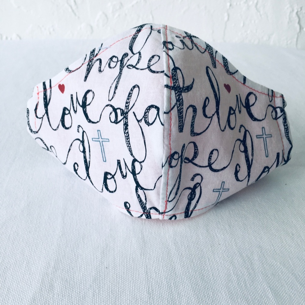 FACE MASK WHITE BLACK WITH LOGO FAITH HOPE LOVE - Picture 2 of 8